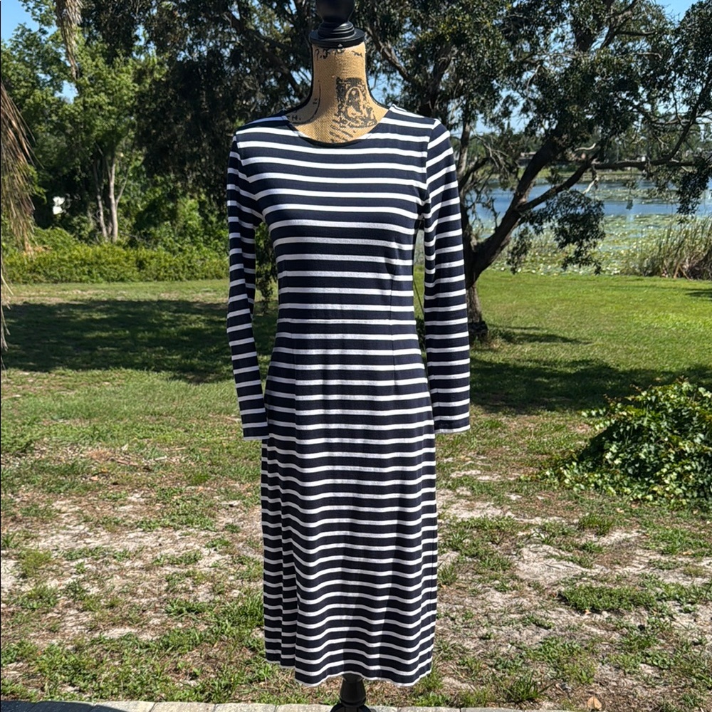 J. Crew Striped Long Sleeve Cotton Dress Midi Navy Blue and White Size 6